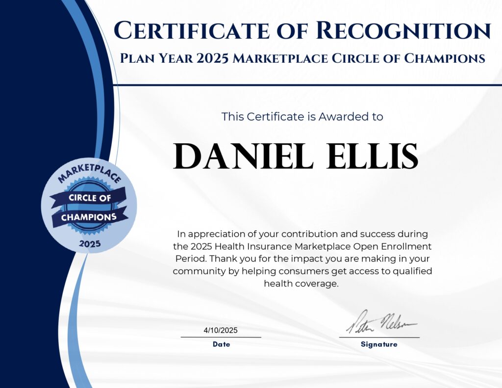 Circle of Champions certificate for plan year 2025, issued by UnitedHealthcare to Daniel Ellis